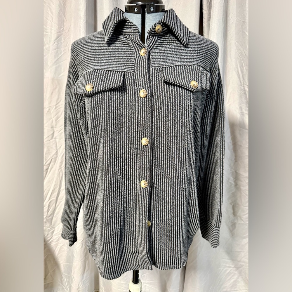 *Ribbed Textured Striped Button-Up Women's Top